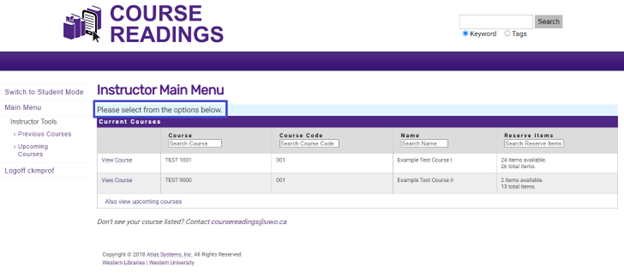 The "Course Readings" Instructor main menu